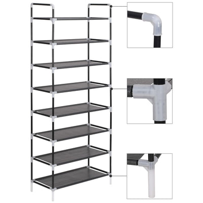 Stella Homewares Shoe Rack with 8 Shelves Metal and Non-woven Fabric Black