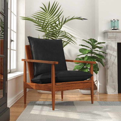 Stella Homewares Armchair Black Real Leather and Solid Wood Acacia
