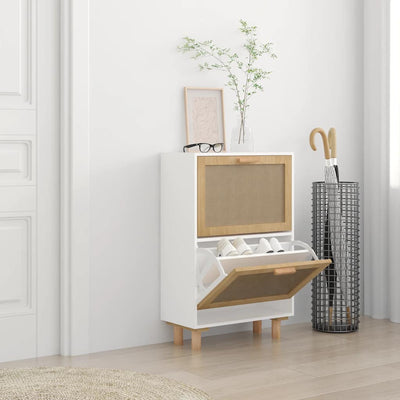 Stella Homewares Shoe Cabinet White 52x25x80 cm Engineered Wood and Natural Rattan