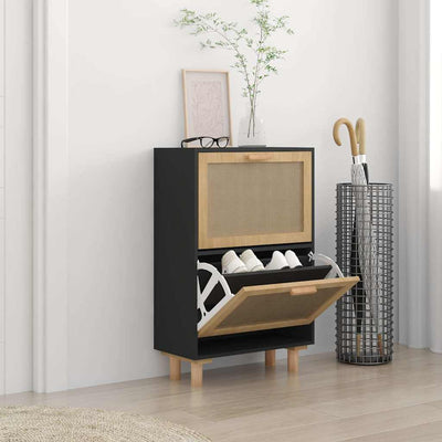 Stella Homewares Shoe Cabinet Black 52x25x80 cm Engineered Wood and Natural Rattan