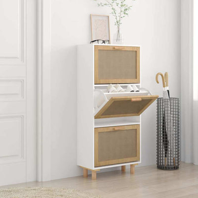 Stella Homewares Shoe Cabinet White 52x25x115 cm Engineered Wood and Natural Rattan