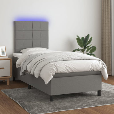 Stella Homewares Box Spring Bed with Mattress&LED Dark Grey 106x203 cm King Single Size Fabric