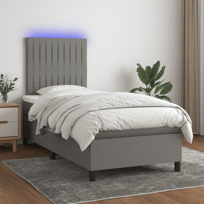 Stella Homewares Box Spring Bed with Mattress&LED Dark Grey 106x203 cm King Single Size Fabric