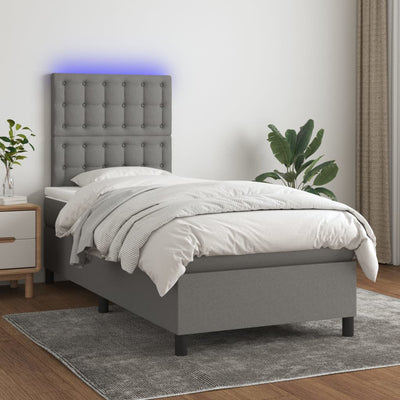 Stella Homewares Box Spring Bed with Mattress&LED Dark Grey 106x203 cm King Single Size Fabric