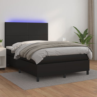 Stella Homewares Box Spring Bed with Mattress&LED Black 137x187 cm Double Size Faux Leather