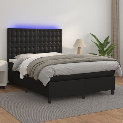 Stella Homewares Box Spring Bed with Mattress&LED Black 137x187 cm Double Size Faux Leather