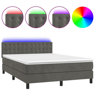 Stella Homewares Box Spring Bed with Mattress&LED Dark Grey 137x187 cm Double Size Velvet