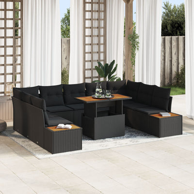 Stella Homewares 10 Piece Garden Dining Set with Cushions Black Poly Rattan Acacia