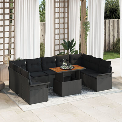 Stella Homewares 10 Piece Garden Dining Set with Cushions Black Poly Rattan Acacia
