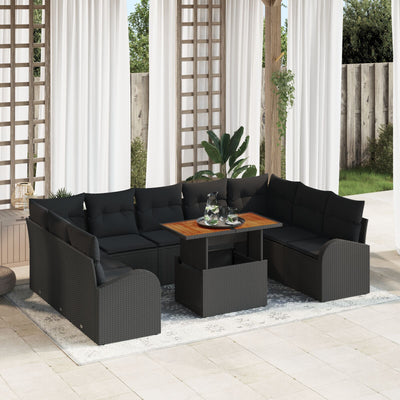 Stella Homewares 10 Piece Garden Dining Set with Cushions Black Poly Rattan Acacia