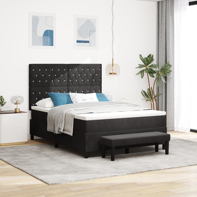 Stella Homewares Box Spring Bed with Mattress & Bench Black Queen Velvet