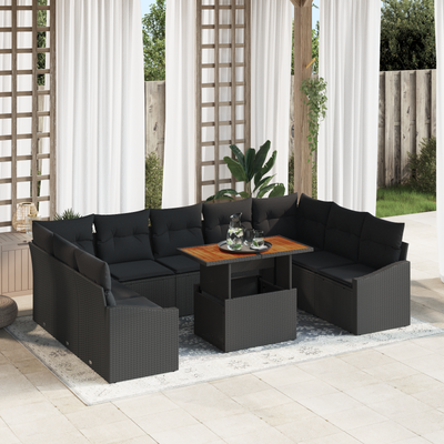 Stella Homewares 10 Piece Garden Dining Set with Cushions Black Poly Rattan Acacia