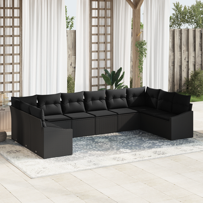 Stella Homewares 10 Piece Garden Dining Set with Cushions Black Poly Rattan