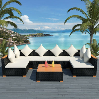alt="7 Piece Garden Lounge Set with Cushions Poly Rattan Black"