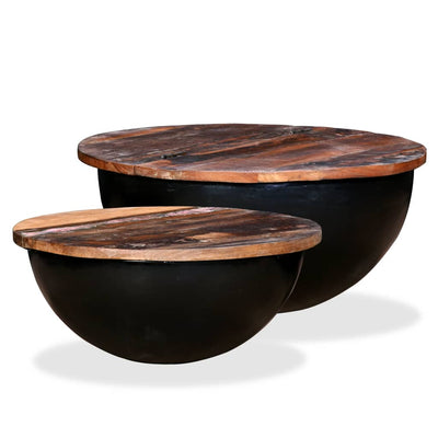 alt="Coffee Table Set 2 Pieces Solid Reclaimed Wood Black Bowl Shape""