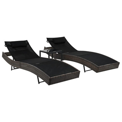 alt="Sun Loungers 2 pcs with Table Poly Rattan and Textilene Brown"