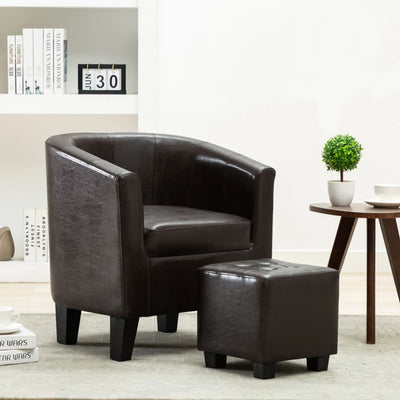 alt="Tub Chair with Footstool Dark Brown Faux Leather"