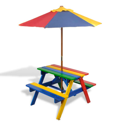 alt="Kids' Picnic Table with Benches and Parasol Multicolour Wood"