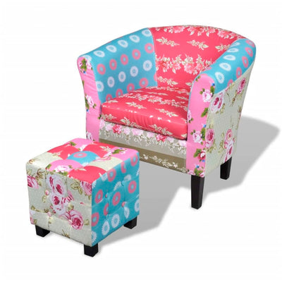 alt="Armchair with Footstool Patchwork Design Fabric"