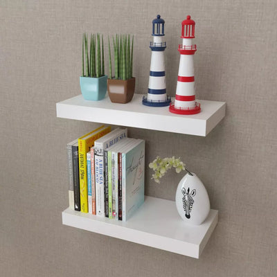 alt="2 White MDF Floating Wall Display Shelves Book/DVD Storage"
