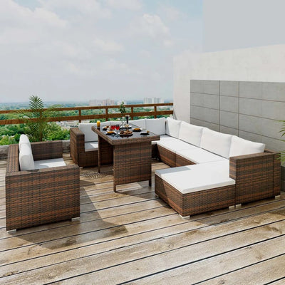 alt="10 Piece Garden Lounge Set with Cushions Poly Rattan Brown"