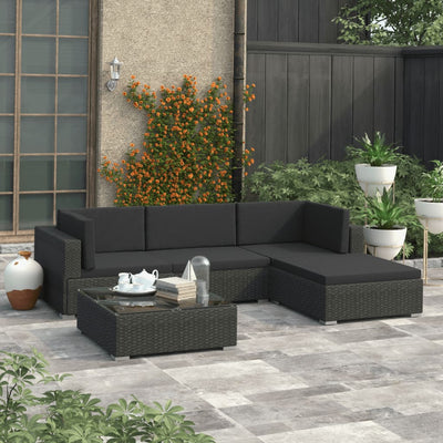 alt="5 Piece Garden Lounge Set with Cushions Poly Rattan Black"