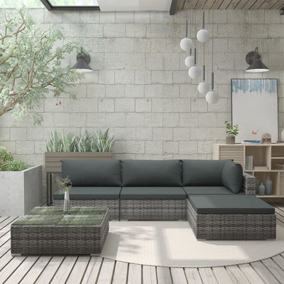 alt="5 Piece Garden Lounge Set with Cushions Poly Rattan Grey"