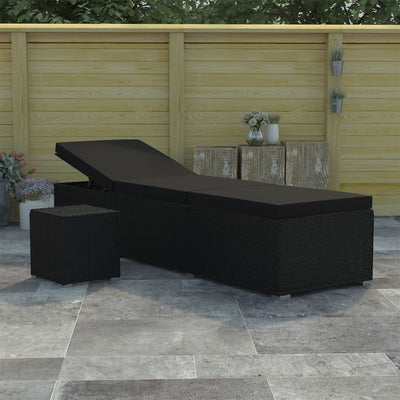 alt="Sun Lounger with Cushion and Tea Table Poly Rattan Black"