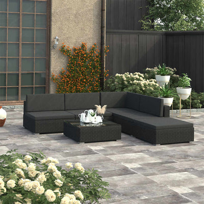 alt="6 Piece Garden Lounge Set Black with Cushions Poly Rattan"