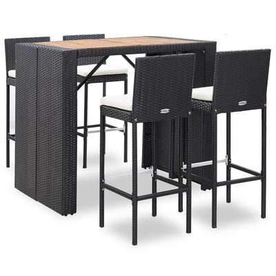 alt="5 Piece Outdoor Bar Set Poly Rattan and Acacia Wood Black""