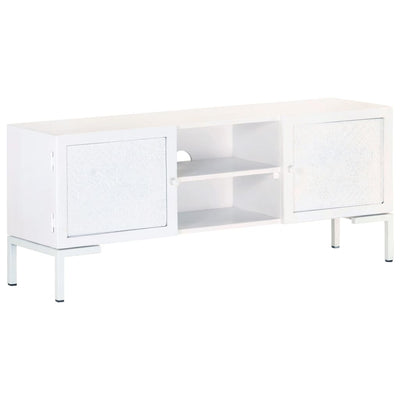alt="TV Cabinet White 115x30x46 cm Solid Mango Wood""