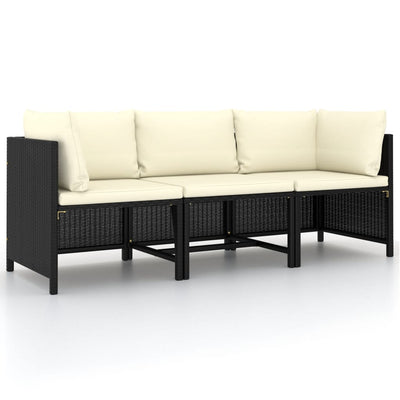 alt="3-Seater Garden Sofa with Cushions Black Poly Rattan"