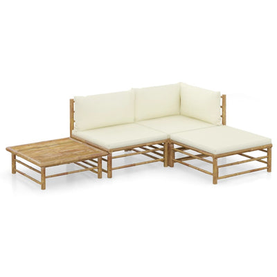 alt="4 Piece Garden Lounge Set with Cream White Cushions Bamboo"