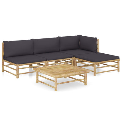 alt="5 Piece Garden Lounge Set with Dark Grey Cushions Bamboo"