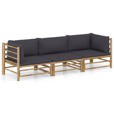 alt="3 Piece Garden Lounge Set with Dark Grey Cushions Bamboo"
