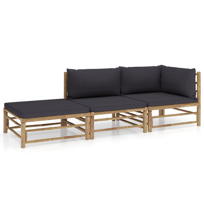 alt="3 Piece Garden Lounge Set with Dark Grey Cushions Bamboo"