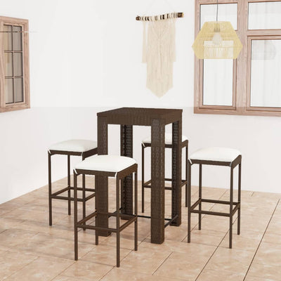 alt="5 Piece Garden Bar Set with Cushions Poly Rattan Brown"