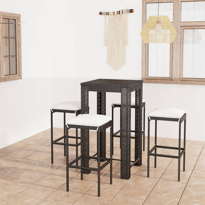 alt="5 Piece Garden Bar Set with Cushions Poly Rattan Black"