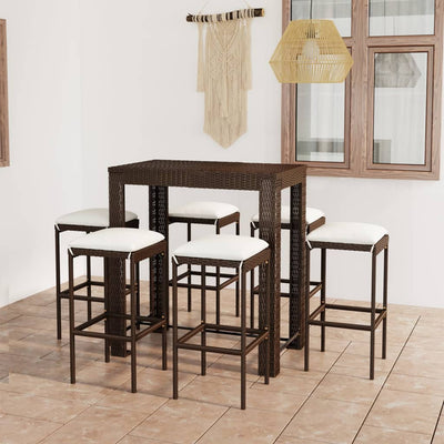 alt="7 Piece Garden Bar Set with Cushions Poly Rattan Brown""