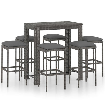alt="7 Piece Garden Bar Set with Cushions Poly Rattan Grey"