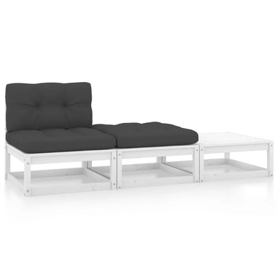 alt="3 Piece Garden Lounge Set with Cushions White Solid Pinewood"