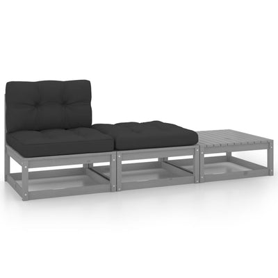 alt="3 Piece Garden Lounge Set with Cushions Grey Solid Pinewood"
