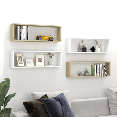alt="Wall Cube Shelves 4 pcs White&Sonoma Oak 80x15x26.5cm Chipboard""