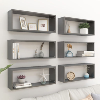alt="Wall Cube Shelves 6 pcs High Gloss Grey 60x15x23 cm Chipboard"