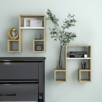 alt="Wall Shelves 2 pcs White and Sonoma Oak 50x15x50 cm Chipboard""