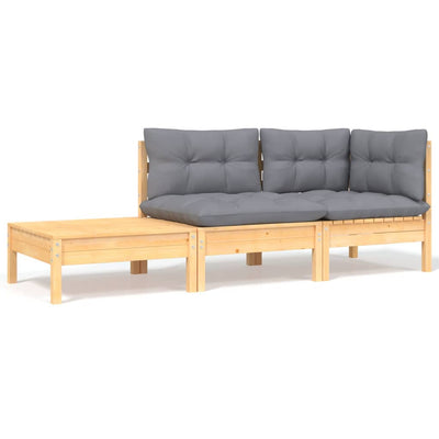 alt="3 Piece Garden Lounge Set with Grey Cushions Solid Pinewood"