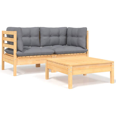alt="3 Piece Garden Lounge Set with Grey Cushions Solid Pinewood"