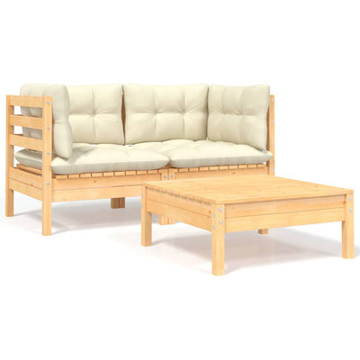 alt="3 Piece Garden Lounge Set with Cream Cushions Solid Pinewood"