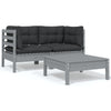 alt="3 Piece Garden Lounge Set with Cushions Grey Solid Pinewood"
