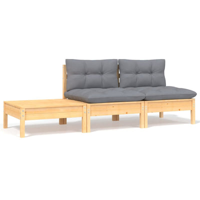 alt="3 Piece Garden Lounge Set with Grey Cushions Solid Pinewood"